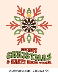 dart Merry Christmas and Happy New Year groovy Sports greeting card. Hanging ball as a groovy Christmas ball on vibrant background. Vector illustration..