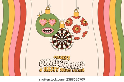 dart Merry Christmas and Happy New Year groovy Sports greeting card. Hanging ball as a groovy Christmas ball on vibrant background. Vector illustration..