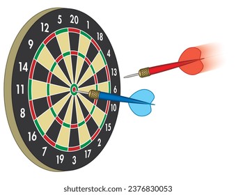 dart in motion to board with another dart in bulls-eye isolated on a white background
