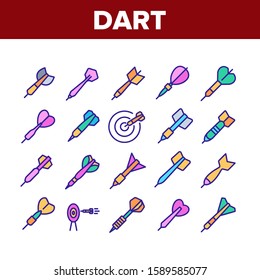 Dart For Play Game Collection Icons Set Vector Thin Line. Playing Equipment With Needle And Plumage In Different Form And Target Concept Linear Pictograms. Color Contour Illustrations