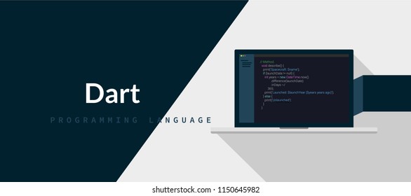 Dart programming language with script code on laptop screen, programming language code illustration