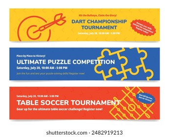 Dart Puzzle Tischfußballturnier Banner Design Vorlage Set Vektorgrafik flache Illustration. Sportspiel-Meisterschaft Wettbewerb Event-Ankündigung Werbe-Header mit Linie-Elemente