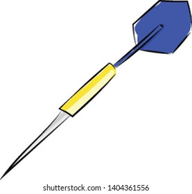 A dart with a silver point, yellow barrel and a blue flight., vector, color drawing or illustration. 