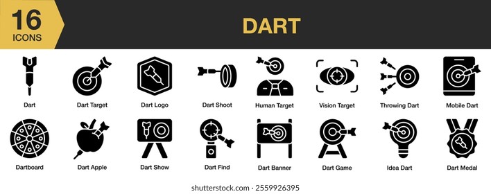 Dart solid icon set. Includes target, dart, arrow, goal, accuracy, game, and More. Solid icons vector collection.