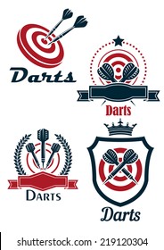 Dart sporting emblems with targets, darts and decorative elements for leisure or sports design