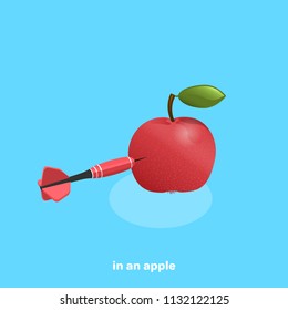 dart sticking out of a red apple lying on a blue background, isometric image