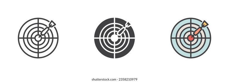 Dart target different style icon set. Line, glyph and filled outline colorful version, outline and filled vector sign. Symbol, logo illustration. Vector graphics