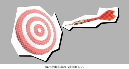 Dart e alvo pontilhado elemento de colagem em um vetor de papel rasgado, criado com pontilhismo. Uma representação artística dinâmica para precisão, precisão, objetivos ou conceitos de realização em um estilo exclusivo.