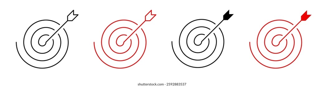 Dart target icon set on spiral bullseye. Target and aim. Accuracy, focus icon for aiming, archery, shooting. Editable line width vector