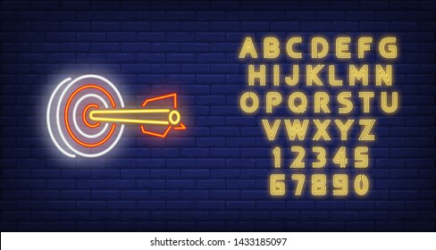 Dart in target neon sign. Illustration of dart in rad target on dark blue brick background. Can be used for topics like entertainment, games, advertisement