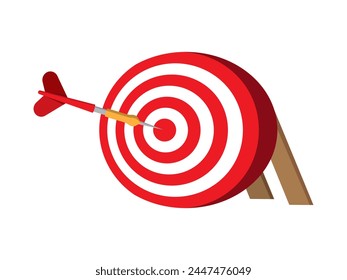 Dart-Vektorillustration. Zielsymbol, Geschäft, Marketing, Ziele, Dartboard. Roter Pfeil trifft auf die Mitte des Dartboards. Kann für Logo, Infografik, Banner, Poster, Webdesign verwendet werden. Isoliert für Grafik.