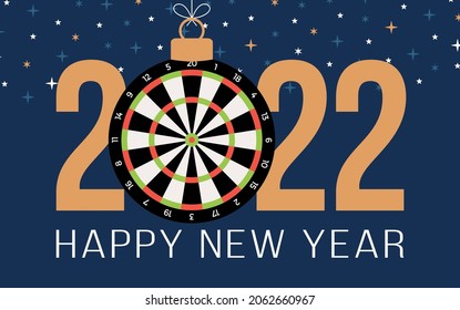 dartboard 2022 Happy New Year. Sports greeting card with dartboard ball on the luxury background. Vector illustration