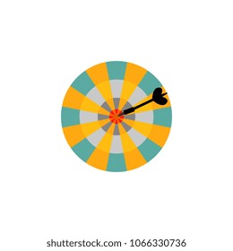 Dartboard with arrow in center target isolated on white background. Success and hitting straight to business goal concept with flat vector illustration of darts game.