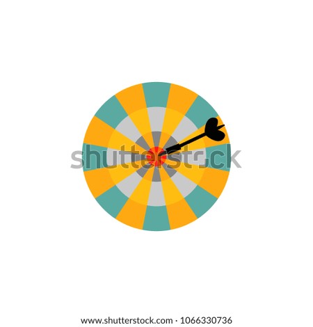 Dartboard with arrow in center target isolated on white background. Success and hitting straight to business goal concept with flat vector illustration of darts game.