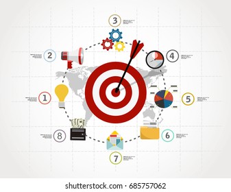 Dartboard arrow and icons. Business achievement and success concept. Straight to the aim symbol. Flat style vector illustration.