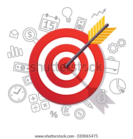 Dartboard arrow and icons. Business achievement and success concept. Straight to the aim symbol. Flat style vector illustration isolated on white background. 