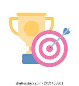 Dartscheibe mit Pfeil und Trophäe, die das Icon der Zielerreichung kennzeichnet