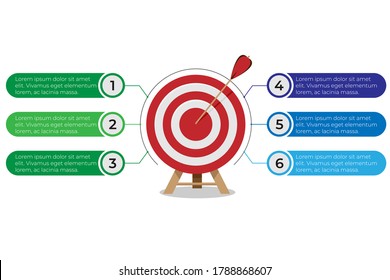 Dartboard arrows hitting target, objective achieved, target concept with six steps infographics