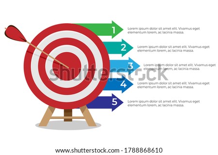 Dartboard arrows hitting target, objective achieved, target concept with five steps infographics