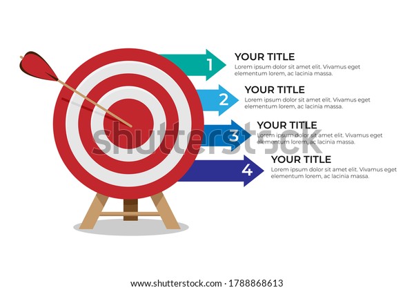 Dartboard arrows hitting target,\
objective achieved, target concept with four steps\
infographics