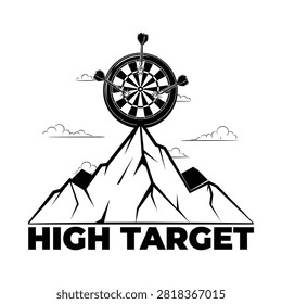 Dartboard atop mountain peak black and white vector illustration with clouds
