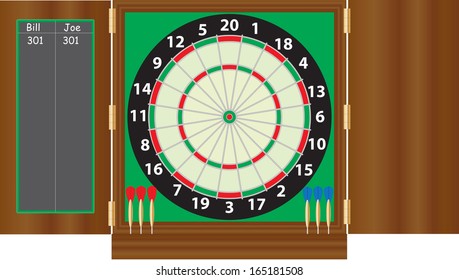 A Dartboard with coloured darts in a case with scoreboard