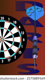 dartboard with a dart in the center. Darts black with blue bullseye. On the right side is a dart. The background is a gradient of orange and purple.  The color scheme is bright and attractive.