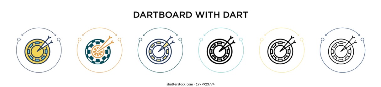 Dartboard with dart icon in filled, thin line, outline and stroke style. Vector illustration of two colored and black dartboard with dart vector icons designs can be used for mobile, ui, web