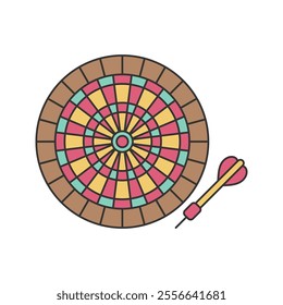 Dartboard and Dart Icon Illustration with bright color palette in flat design style. Perfect for game themed designs and projects.
