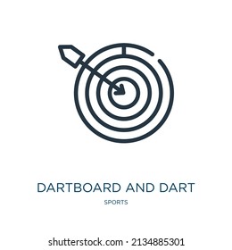 dartboard and dart thin line icon. arrow, dart linear icons from sports concept isolated outline sign. Vector illustration symbol element for web design and apps.