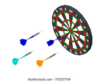 Dartboard and darts arrow. Isolated on white background. 3d Vector illustration. Isometric projection.