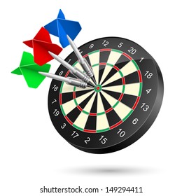 Dartboard with Darts hitting a target. Illustration on white