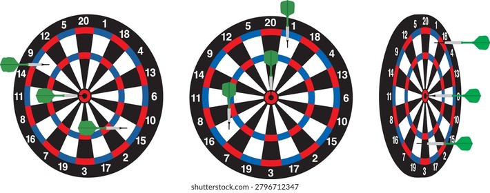 Dartboard and darts hitting the target set (front, angled and side views)