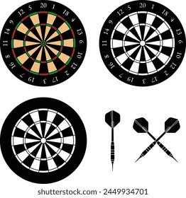 Dartboard and darts with numbers. Dartboard silhouette and dart symbols, crossed darts.