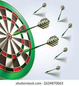 Dartboard e dardos conjuntos e pernas verde gradiente de cor com fundo abstrato