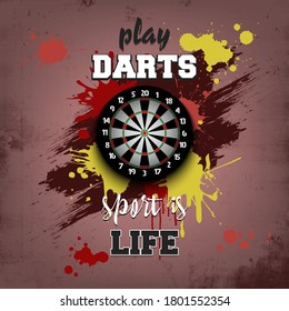 Dartboard icon. Play darts. Sport is life. Pattern for design poster, logo, emblem, label, banner, icon. Darts template on isolated background. Grunge style. Vector illustration