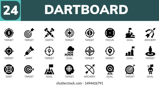 dartboard icon set. 24 filled dartboard icons.  Collection Of - Target, Darts, Focus, Goal, Archery, Dart