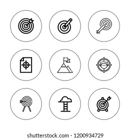 Dartboard icon set. collection of 9 outline dartboard icons with archery, dart board, dartboard, darts, goal, goals icons. editable icons.