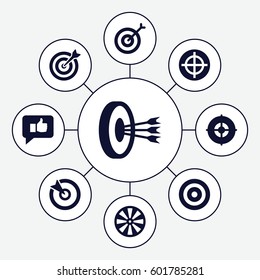 dartboard icons set. Set of 9 dartboard filled icons such as target, thumb up, arrows in target