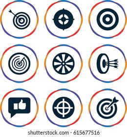 Dartboard icons set. set of 9 dartboard filled icons such as target, thumb up, arrows in target