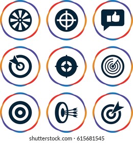 Dartboard icons set. set of 9 dartboard filled icons such as target, thumb up, arrows in target