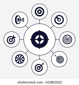 Dartboard icons set. set of 9 dartboard filled icons such as target, arrows in target