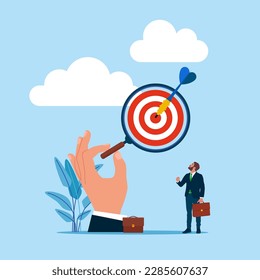 Dartboard inside of magnifier glass for target business goal. Modern vector illustration in flat style