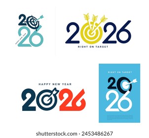 Icono del logo de Dartboard centrado en el número 2026. Concepto de un comienzo. Representa el establecimiento de objetivos para 2026. Planificación financiera, estrategia de negocios, establecimiento de objetivos. Vector ilustrador de negocios.