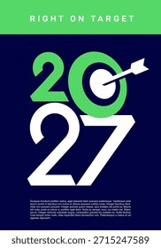 Dartboard logo icon centered on 2027 number symbolizing goals, new beginnings. Business strategy, financial planning, target achievement, goal setting concept for 2027. Vector for branding, marketing.