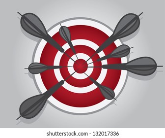 Dartboard with many gray darts hitting the center
