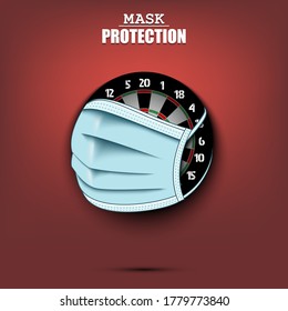 Dartboard with a protection mask. Caution! wear protection mask. Risk disease. Cancellation of sports tournaments. Pattern design. Vector illustration