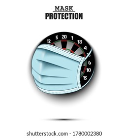 Dartboard with a protection mask. Caution! wear protection mask. Risk disease. Cancellation of sports tournaments. Pattern design. Vector illustration