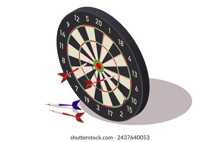 Dartscheibe mit roten und blauen Darts. Lustiges Wettkampf-Spiel für freundliche Gesellschaft. Versuche dein Glück zu gewinnen. Isoliert auf weißem Hintergrund. Darstellung eines isometrischen Vektors