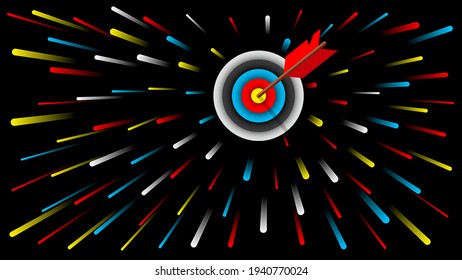 Dartboard und roter Pfeil in der Zielmitte auf schwarzem Hintergrund, Vektorgrafik.